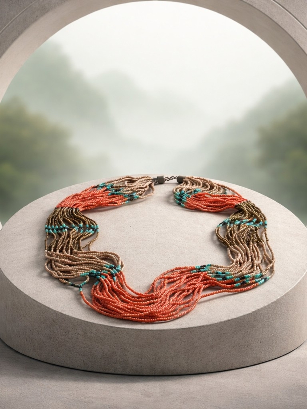 Multistrand Beaded Necklace in Coral, Turquoise, Tan & Gold